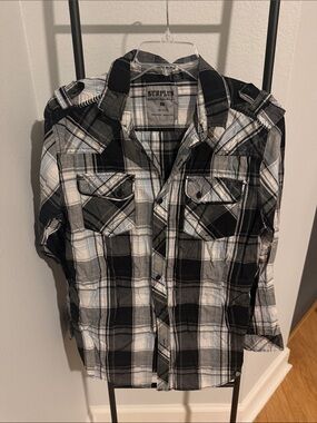 Men's Black & White Plaid Button-Down Shirt